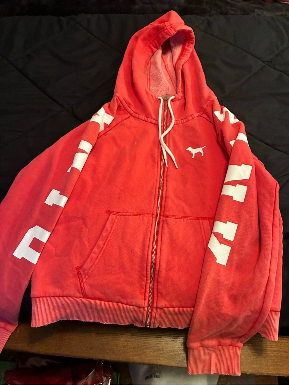 Victoria's Secret Pink Red Full-Zip Hooded Sweatshirt with White Logo